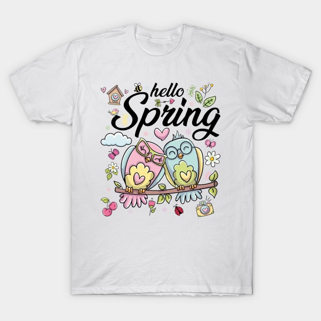 Hello Spring Cute Birds With Flowers T-Shirt by GShow